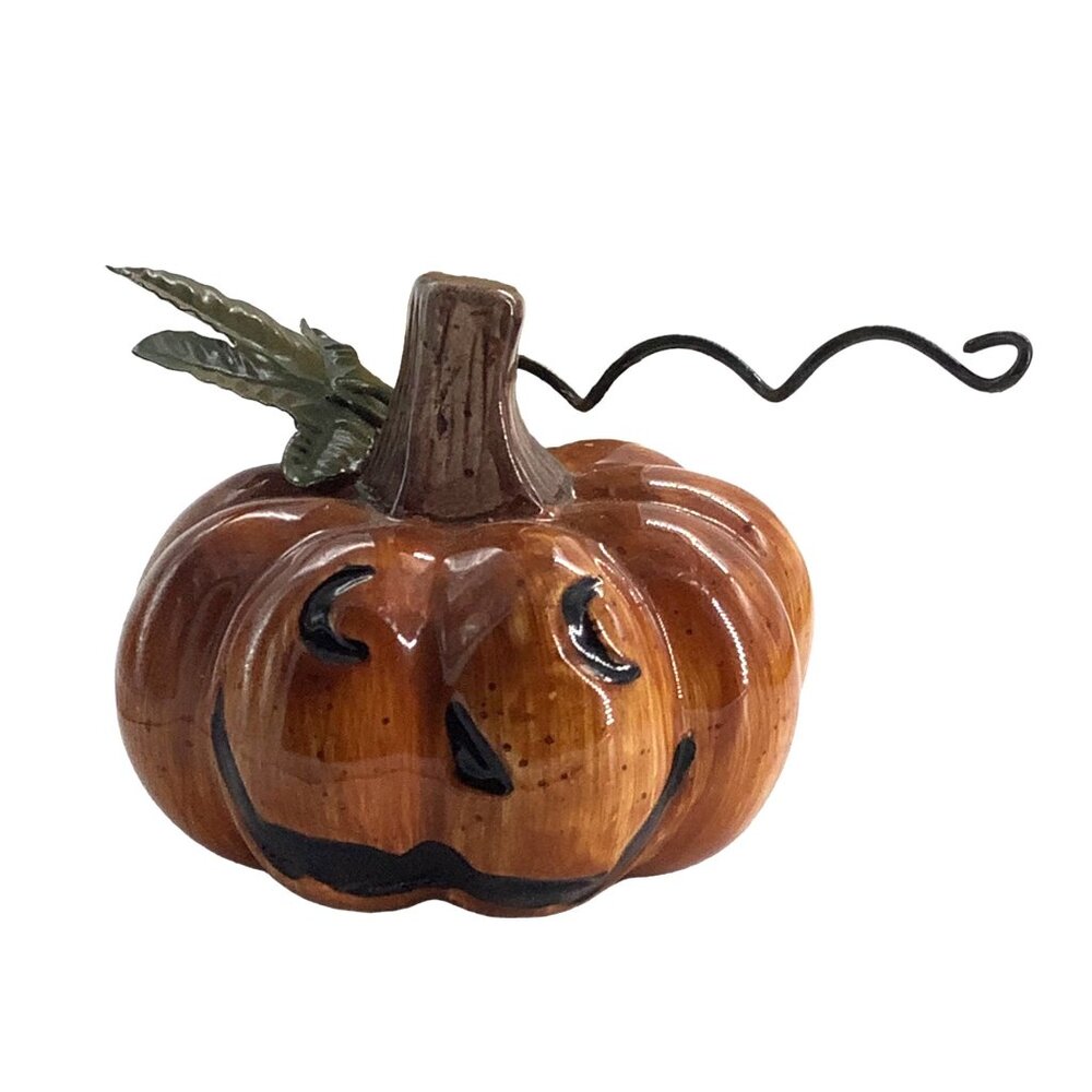 Jack o’ Lantern Ceramic Pumpkin Decoration Decor Metal Wire Stem 3" x 2" Fall